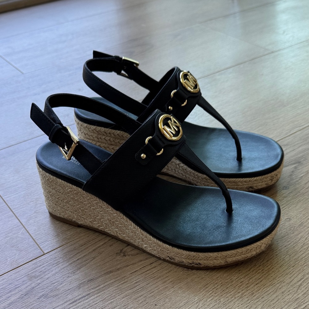 Michael Kors Black and Gold Wedge Sandals